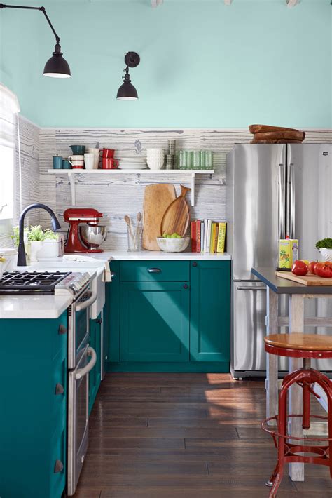 teal blue kitchen cabinets with stainlees steel|best teal kitchen cabinet color.